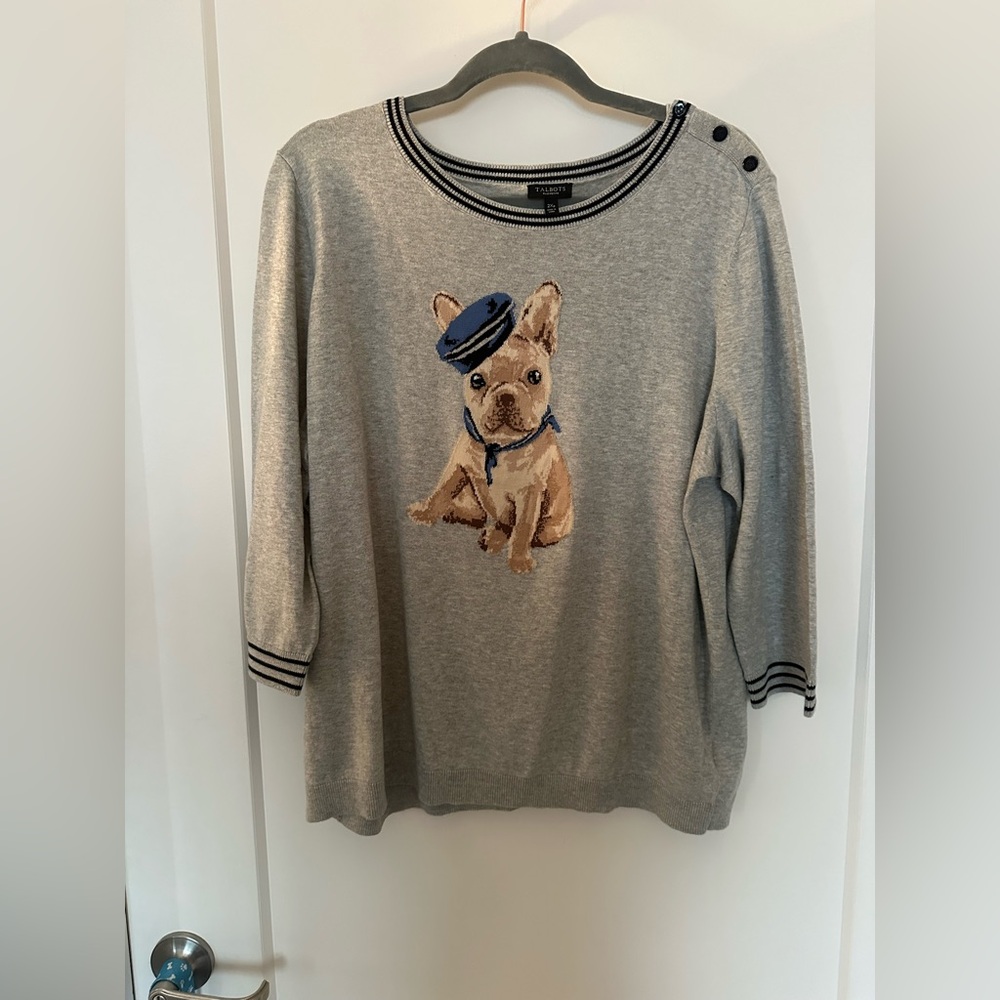 NWOT Talbots PETITE 2XL Gray Sweater with French Bulldog Design great condition